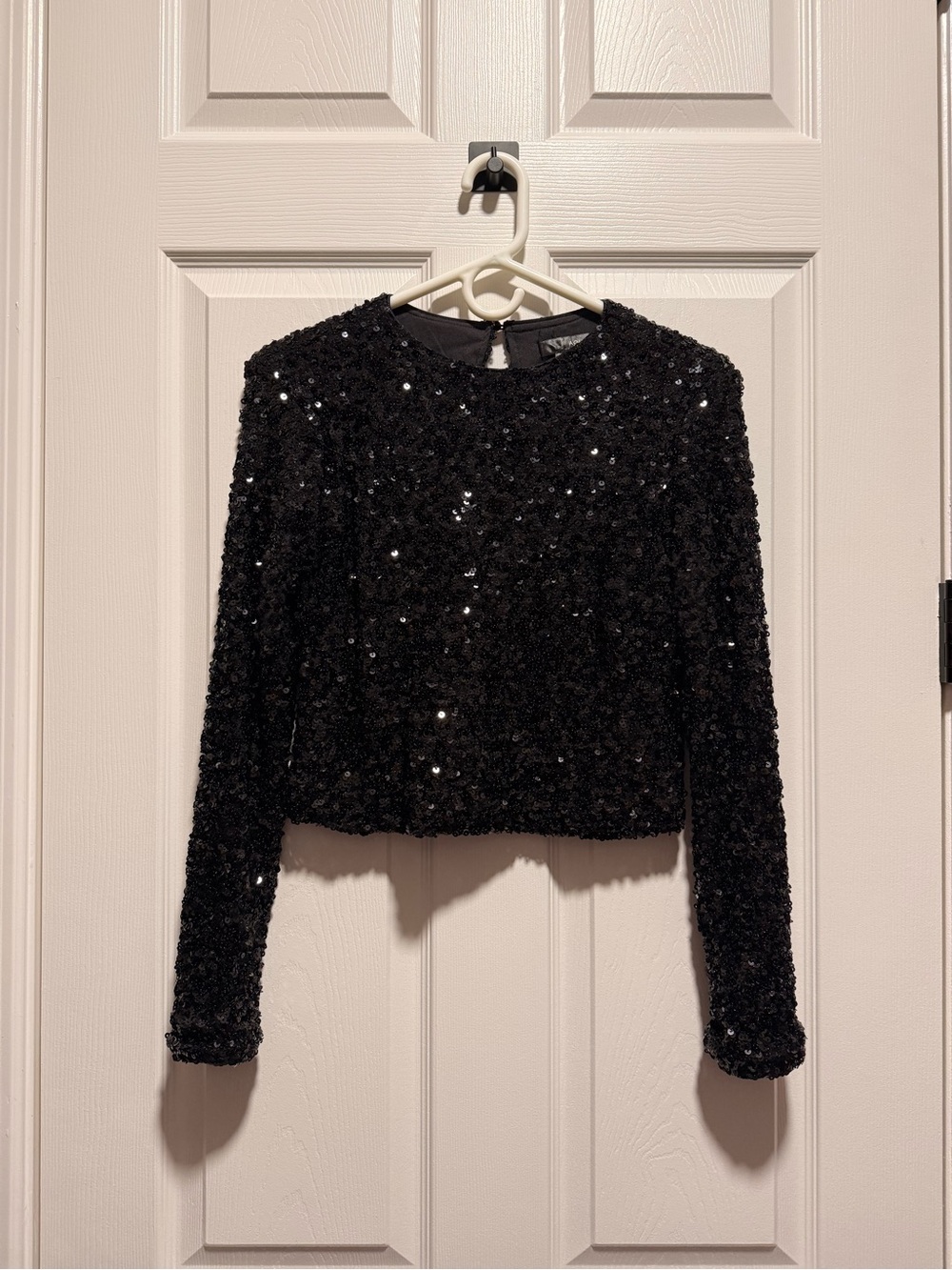 Aqua Black Sequin Long-Sleeve Cropped Top